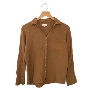 Thread & Supply Long Sleeve Tan Button Down Gauzy 100% Cotton Top Womens Sz S